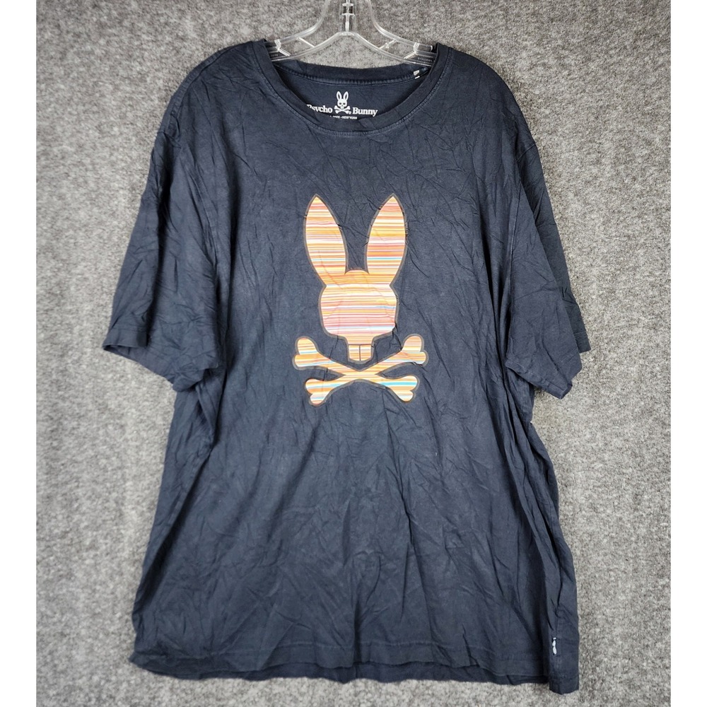 Psycho Bunny‎ T-Shirt Mens 2XLT Navy Blue Striped Logo 100% Pima Cotton Tall